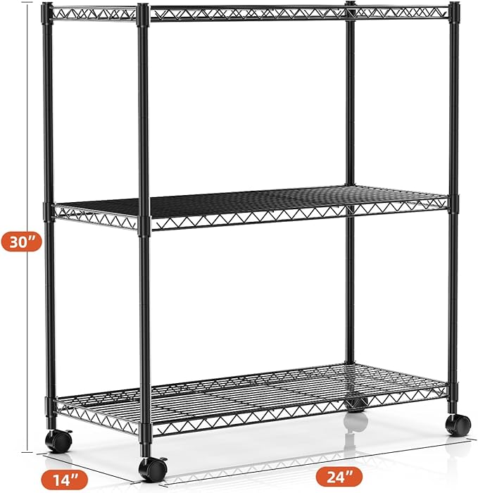YSSOA 3-Tier Storage Shelves, 24.02" W x 13.78" D x 29.92" H Shelving Unit, 750 Lbs Loading Capacity, Black
