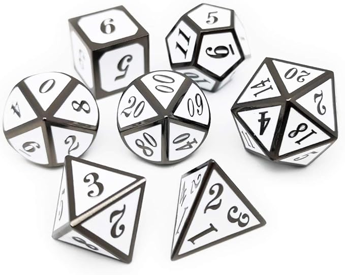 Haxtec 7 Die DND Metal Dice Set D&D 7PCS DND Dice of D20 D12 D10 D8 D6 D4 for Dungeons and Dragons RPG Games-Glossy Enamel Dice (Black White)