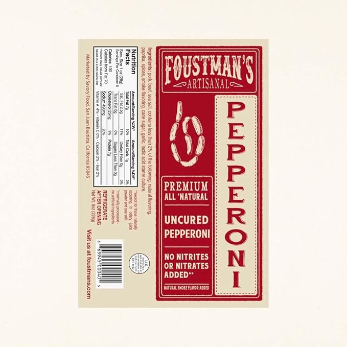 Foustman's Salami Pork and Beef Pepperoni, Nitrate-Free, Naturally Cured, Gluten-Free, Dairy-Free, Pack of 3, 8 Oz Each
