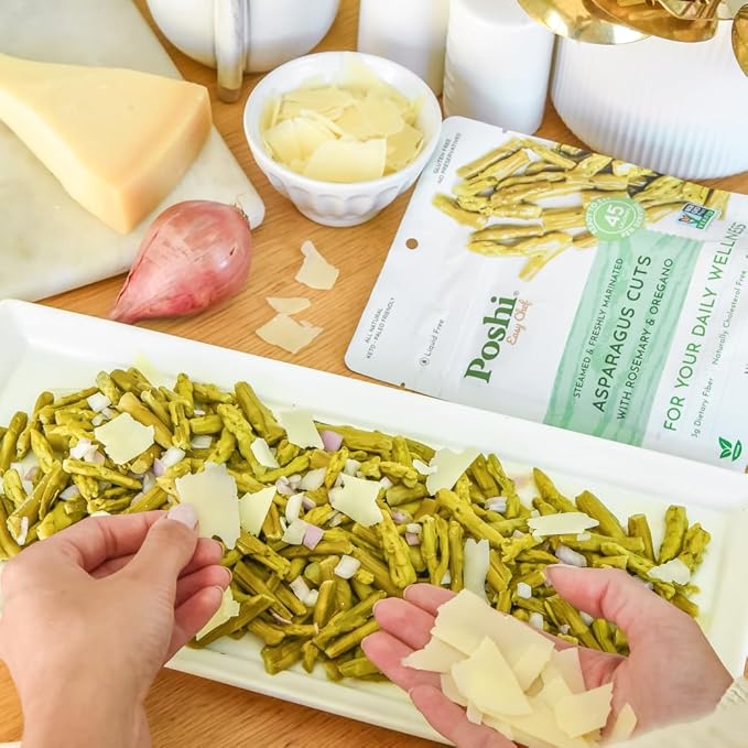 POSHI Marinated Asparagus Cuts with Rosemary + Oregano Natural, Keto, Vegan, Non GMO, Low Carb + Calorie, Gluten Free Ready to Eat Fully Cooked Vegetables, Pentry Food, Gourmet, Healthy 6 Pack, 4.4oz