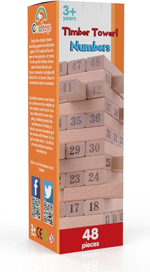CoolToys Timber Tower Wood Block Stacking Game - Number Match Playset (48 Pieces)