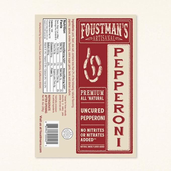 Foustman's Salami Pork and Beef Pepperoni, Nitrate-Free, Naturally Cured, Gluten-Free, Dairy-Free, 8 Oz Sticks