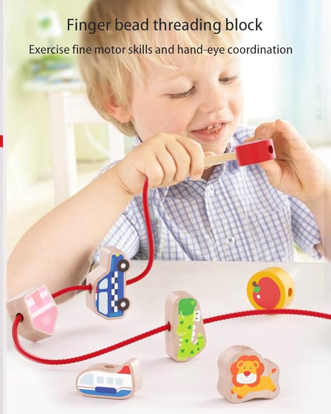 24-Piece Real Wood Bead Threading Puzzle Blocks with Traffic Scenario Game Board - Kids' Educational Toy Set with 2 Stringing Sticks & Cotton Storage Bag(Ages 3-6)