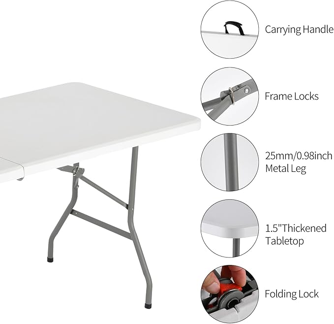 6ft Plastic Folding Table with Black Tablecloth, Portable Picnic Table Outdoor for Camping, Party, Wedding, Picnic with Lock, Handle - White