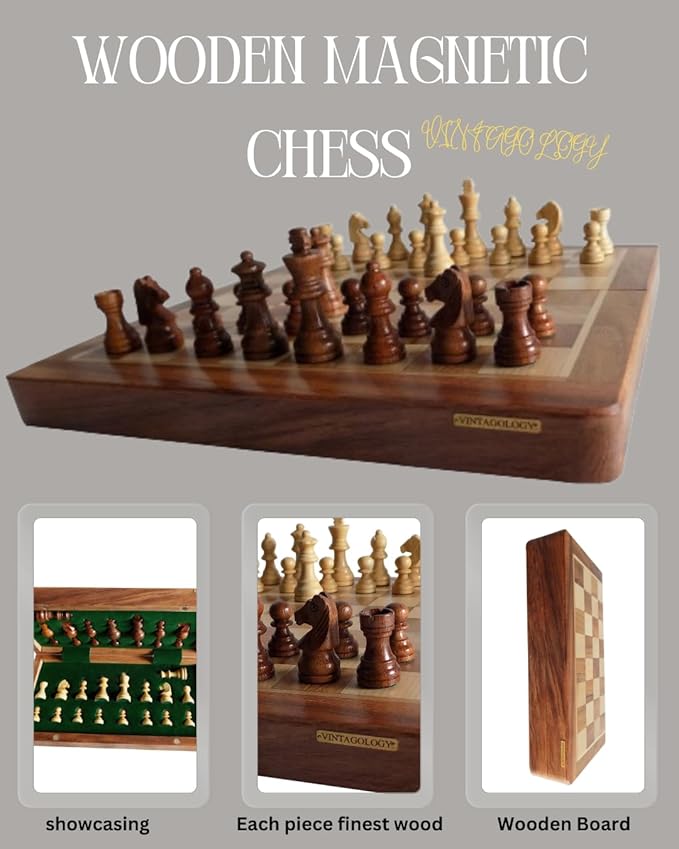 VINTAGOLOGY Acacia Wooden Folding Chess Board - Handcrafted Natural Finish, Ideal for Home Decor, Family Game Nights, Travel, and Collectors -12 inch