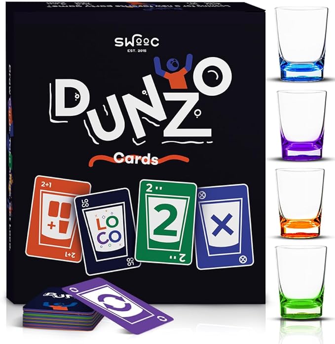 DUNZO® - Hydrating Version of Classic Card Game with 4 Unbreakable Glasses - Draw Two, Skip, Reverse, Get Loco - Fun Party Game & Funny Gifts - Card Games
