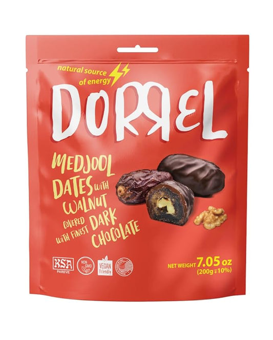 DORREL - Belgian Dark Chocolate Covered Dates (Medjool) with Walnuts Stuffing, High Energy Vegan Choco Snack, Delicious, Kosher & Non-GMO, Pack of 1 Stuffed Chocolate Dates, 7.05 oz / 200 g Ea