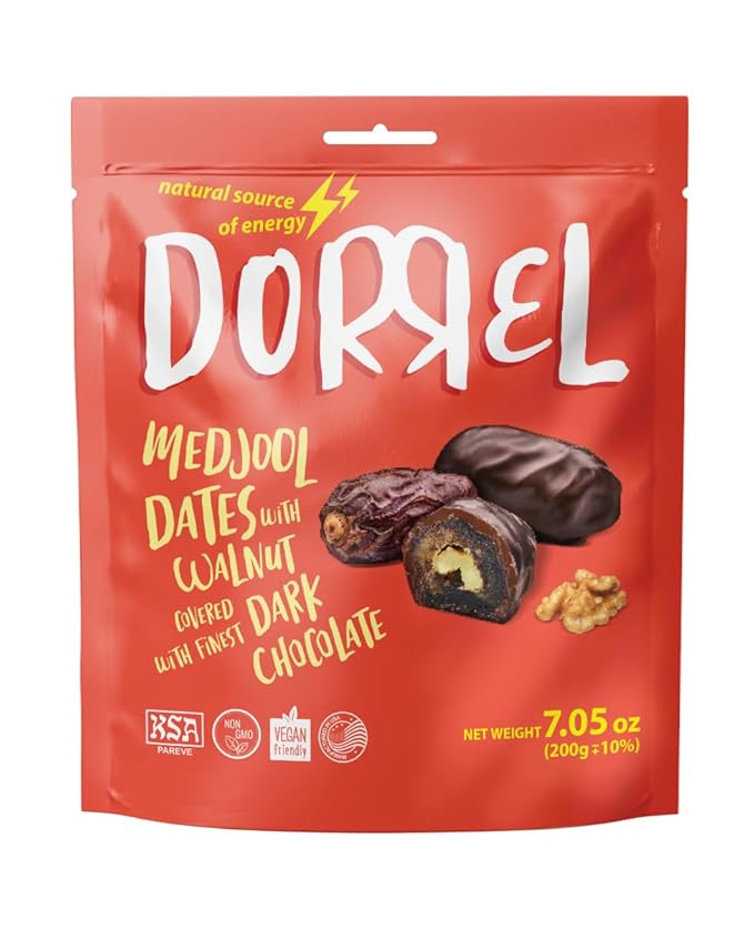 DORREL - Belgian Dark Chocolate Covered Dates (Medjool) with Walnuts Stuffing, High Energy Vegan Choco Snack, Delicious, Kosher & Non-GMO, Pack of 1 Stuffed Chocolate Dates, 7.05 oz / 200 g Ea