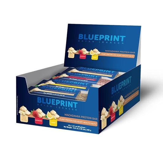 Blueprint by Bryan Johnson Macadamia Nut Protein Bars – Variety Pack Protein Bars - Lemon, White Cocoa & Raspberry – Vegan, Low Sugar, Keto-Friendly Snacks – Non-GMO, Raw Nut Bar– 9g Protein – 12 Pack