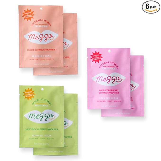 Meggo Sweets Gummie Smoochies Variety Pack | Peach, Honeydew, Sour Strawberry | Natural Fruit Pectin Candy | Vitamin C, E, Biotin | No Cane Sugar | Organic Juice Concentrate | Sweet and Sour Mix | Gluten Free, Vegan, Non-GMO