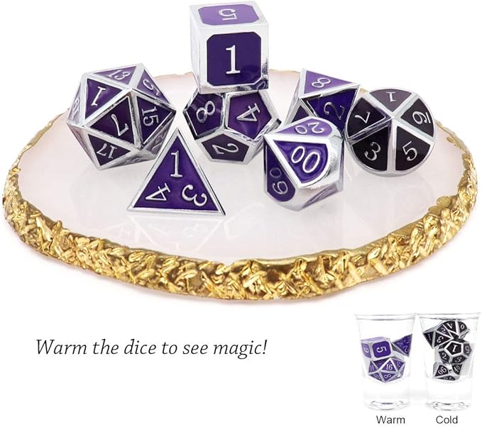 Haxtec Color Changing ByTemperature Metal DND Dice Set Polyhedral D&D Dice for RPG Dungeons and Dragons-Silver Black Purple Shift