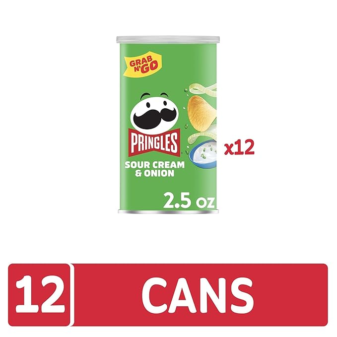 Pringles Potato Crisps Chips, Lunch Snacks, Office and Kids Snacks, Grab N' Go, Sour Cream and Onion (12 Cans)