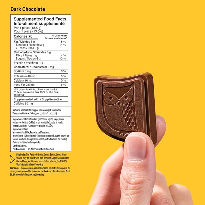 AWAKE - Caffeinated Chocolate Bites - Dark Chocolate, 50 Bites - 50mg Caffeine - Individually Wrapped Energy Bites - Coffee Alternative - Fairtrade, Gluten Free, Non GMO - 0.48oz