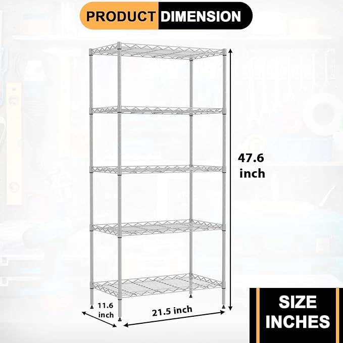 5-Tier Shelves Height Adjustable Storage Shelves Shelving Unit 21”Dx11”Wx48”H Wire Shelving NSF Certified Storage Shelf with Leveling Feet for Home Kitchen Garage, Chrome