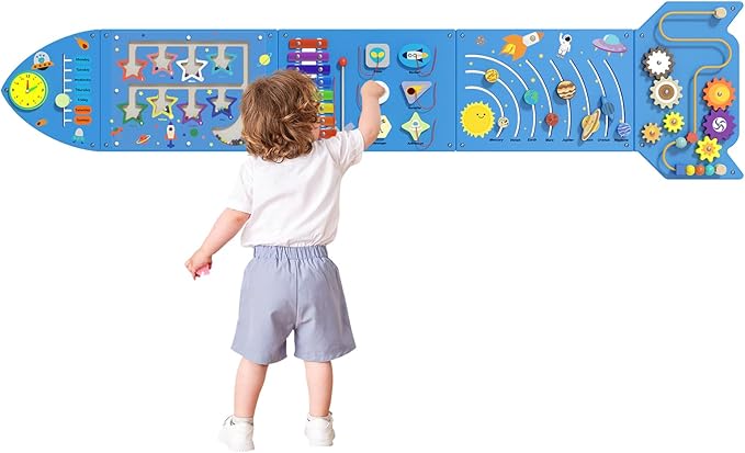 Rocket Sensory Wall Panel - Montessori Toddler Activity Cube, Blue