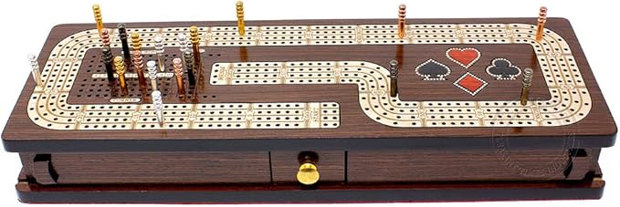 Continuous Cribbage Board/Box Inlaid in Wenge Wood/Maple : 4 Track - Cards & Pegs Storage Drawer with Score Marking Fields for Skunks, Corners and Won Games