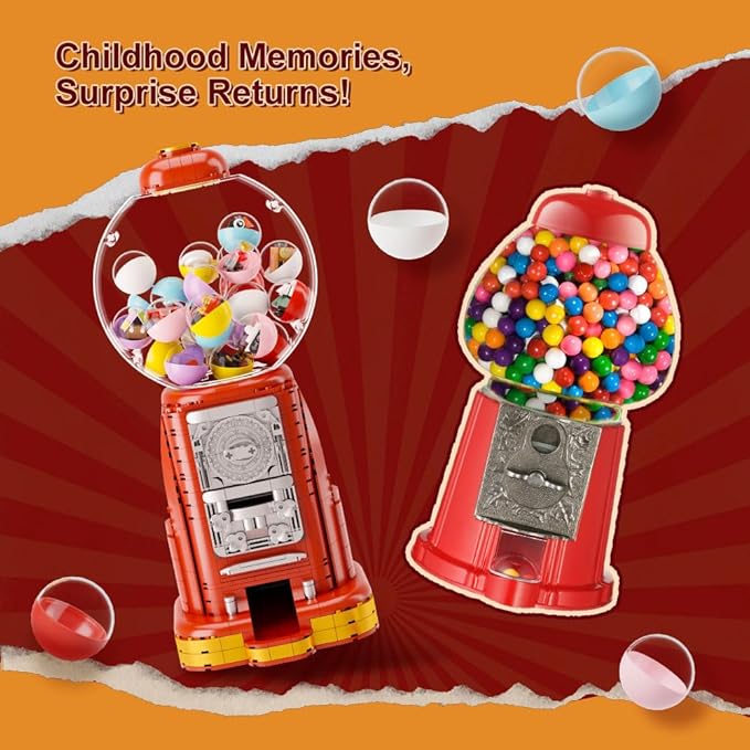 Retro Gumball Machine Building Block Set, with 12 Micro Building Blocks and 12 Lucky Notes for Multiple Gameplay Desktop Collectible-Quality Classic Gumball Machine Assembly Blocks Kit