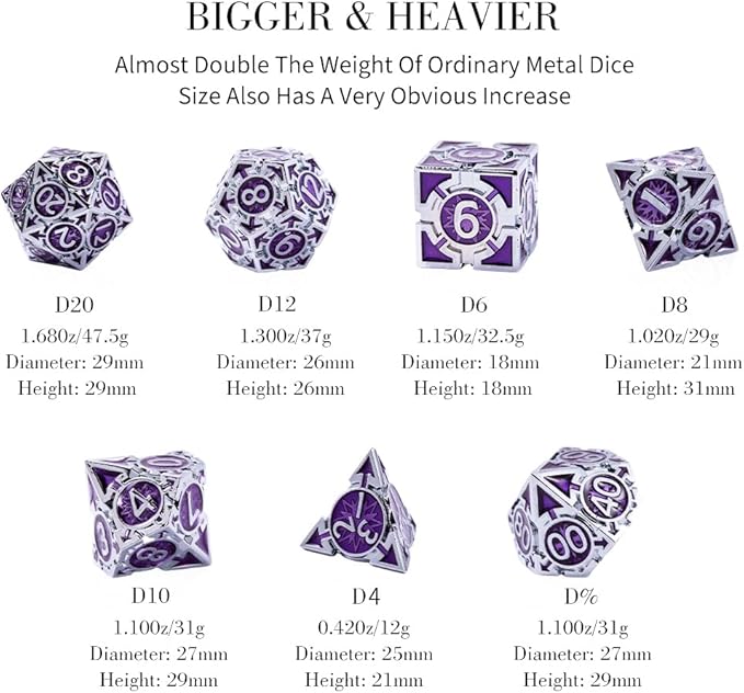Metal DND Dice Set - High Artistic Making Dungeons and Dragons Dice, Large Weighted Metallic D&D Dice Sets - Polyhedral Role Playing Dice for MTG RPG, Silver Purple D and D Dice with DND Gift Box