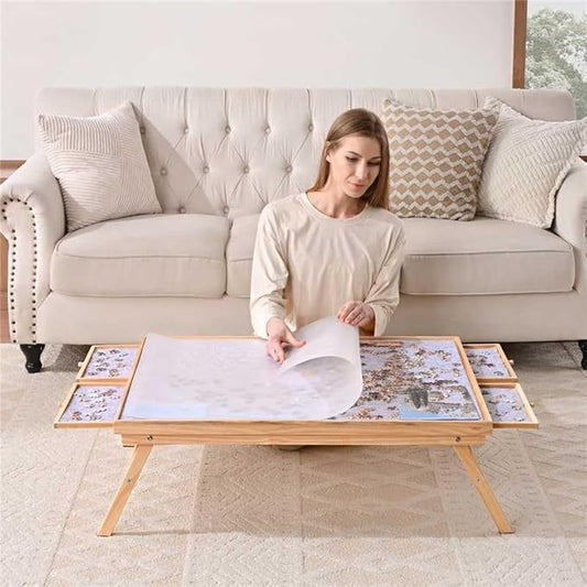 1500 Pieces Wooden Jigsaw Puzzle Board with Foldable Legs, 35"x26.8" Table with 4 Drawers and Protective Cover, Large Wood Folding Jigsaw Puzzle Table for Adults and Teens, Nature