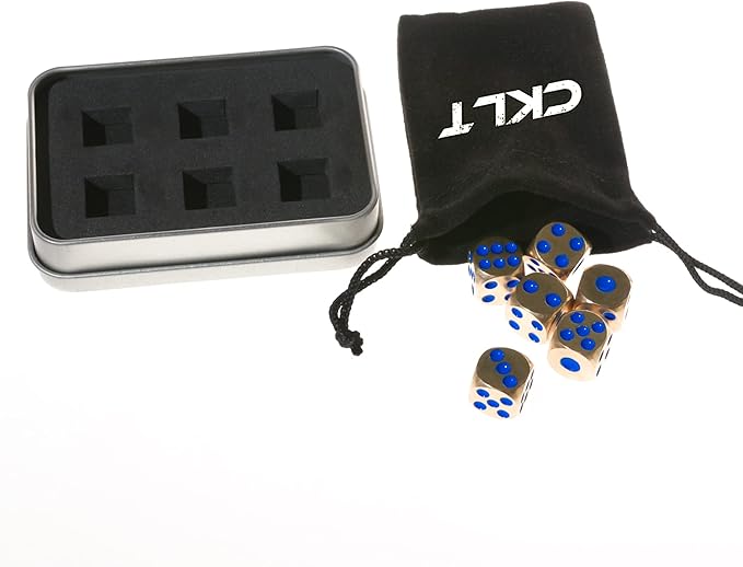 6 Sided Metal Brass Dice with Blue Pips, Tables Board Game Dice, 6pcs Solid Gift Brass Dice, Tabletop Games Set for Poker Party Playing Games