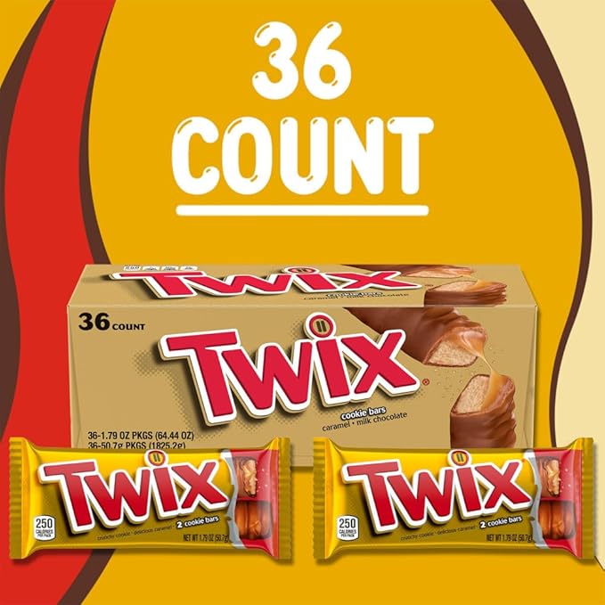 TWIX Bulk Chocolate Candy Individually Wrapped, Full Size, Caramel Chocolate Cookie Candy Bar, Perfect for Snacks, Parites, Goodie Bags, Holidays 36-Count Box