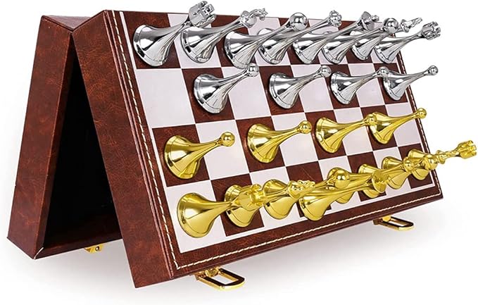 Chess Set, Magnetic Travel Chess Set, Large Metal Deluxe Chess Retro Alloy Adult Board Game Portable Wooden Box Storage Folding Chess Set,D