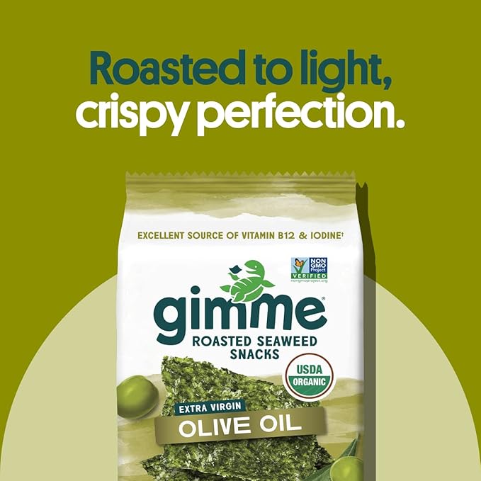 Gimme Seaweed Organic Premium Roasted Seaweed Snacks, Extra Virgin Olive Oil, 20 Count, Keto, Vegan, Gluten-Free, Great Source of Omega3s and Iodine, Healthy On-The-Go Snack for Kids and Adults