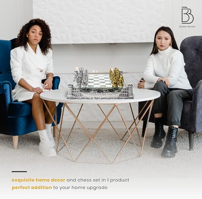 BB Brother Brother Ancient Roman Gladiators 3D Chess Board Game Set, Glass Board, Handmade Gold and Silver Polyresin Chess Pieces for 2 Players