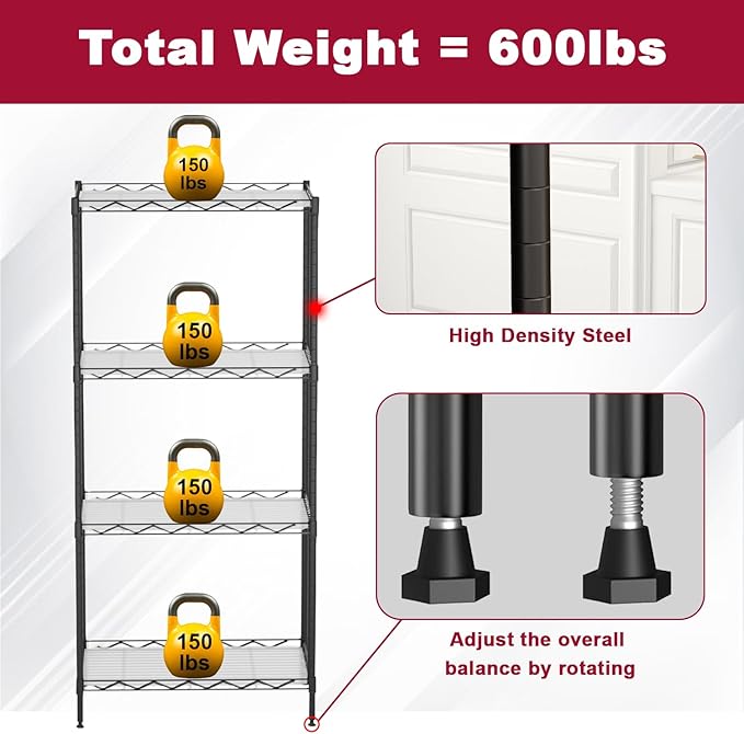 4-Tier Wire Shelving Unit 600 lbs Weight Capacity Storage Shelves Metal Frame Garage Shelves Easy Installation Metal Shelves for Home Kitchen Garage Pantry, 12" Dx18 Wx44 H, Black