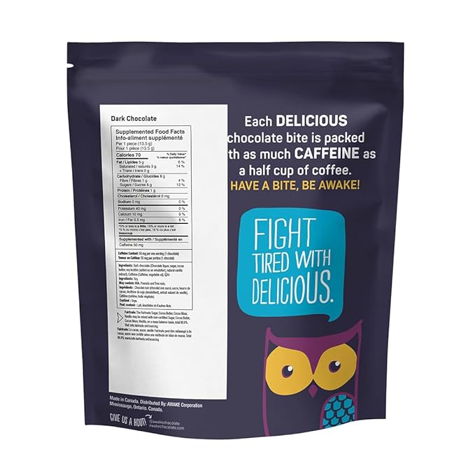 AWAKE - Caffeinated Chocolate Bites - Dark Chocolate, 50 Bites - 50mg Caffeine - Individually Wrapped Energy Bites - Coffee Alternative - Fairtrade, Gluten Free, Non GMO - 0.48oz
