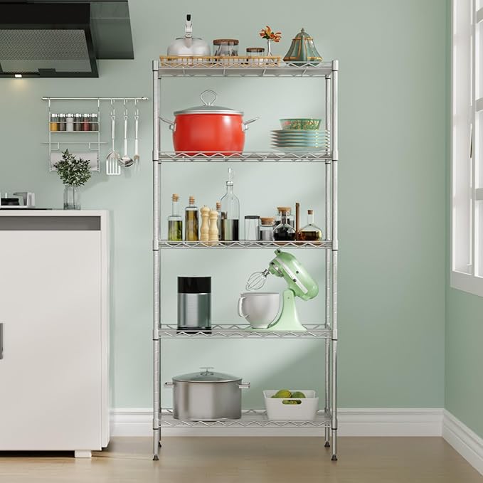 5-Tier Shelves Height Adjustable Storage Shelves Shelving Unit 21”Dx11”Wx48”H Wire Shelving NSF Certified Storage Shelf with Leveling Feet for Home Kitchen Garage, Chrome