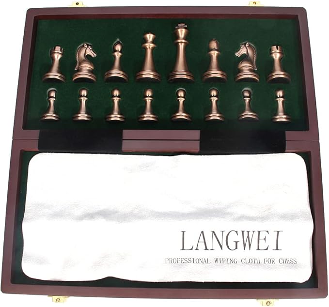 Large Metal Deluxe Chess Retro Copper Plated Alloy Chess Adult Set Board Game Portable Wooden Box Storage Folding, 2 Players Chess Set