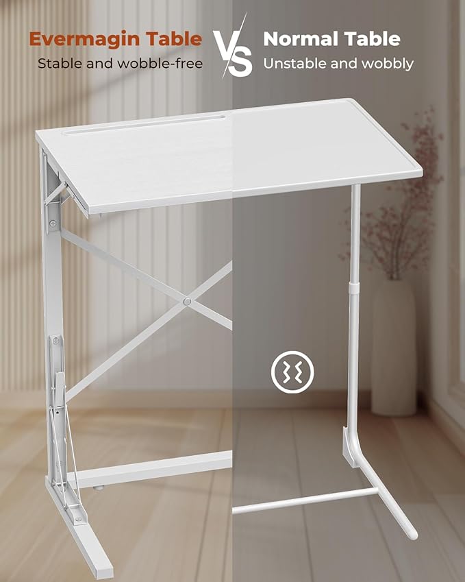 21''Wx28''H Folding TV Tray for Eating, Small Foldable C-Shaped Tray Table with Tablet and Phone Slots, Slide Under Couch Side Table for Recliner, Living Room, Bedroom, White