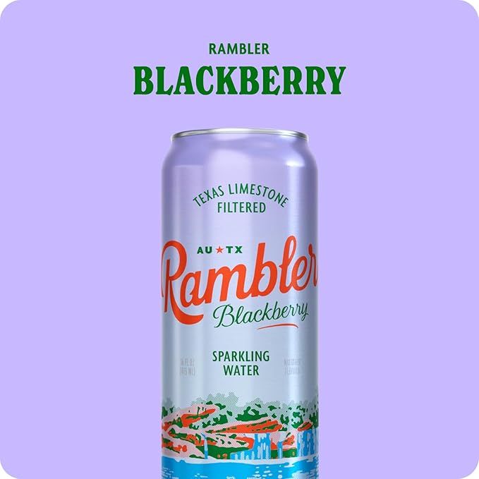 AUTX RAMBLER Sparkling Water, Texas Limestone Mineral Blend, Blackberry Flavor, 16-Ounce Tallboy Cans, 12-Pack