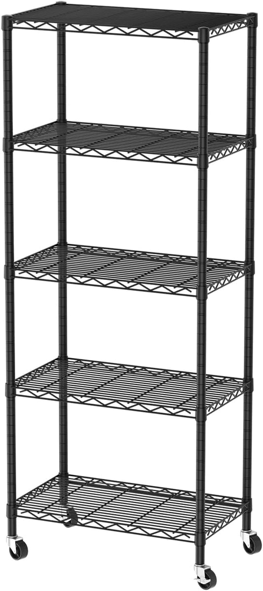 5 Tier Shelves Storage Shelf Wire Closet Bathroom Organizers Metal Pantry Kitchen Garage Shelving Unit Laundry Room Organization Home Rack Net Basket Black with Wheels 14โD X 24โW X 61โH