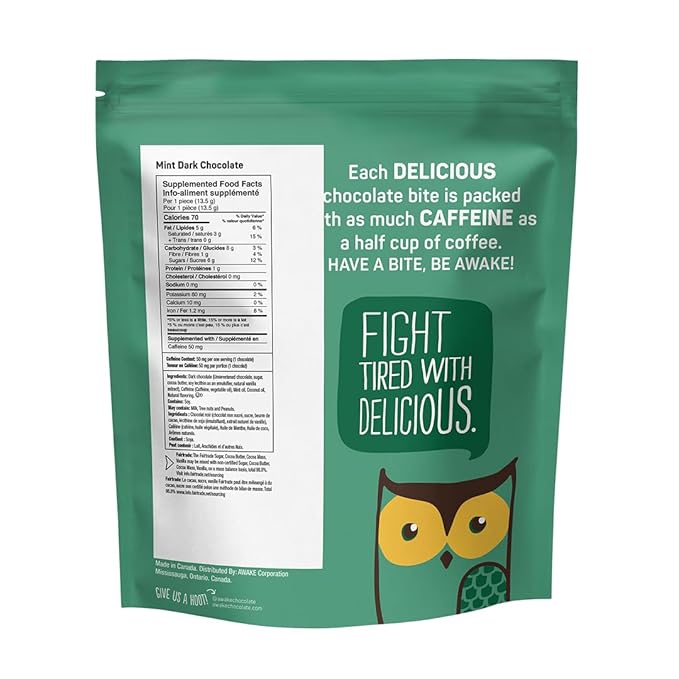 AWAKE - Caffeinated Chocolate Bites - Mint Dark Chocolate, 50 Bites - 50mg Caffeine - Individually Wrapped Energy Bites - Coffee Alternative - Fairtrade, Gluten Free, Non GMO - 0.48oz