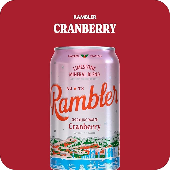 AUTX RAMBLER Sparkling Water, Texas Limestone Mineral Blend, Cranberry Flavor, Limited Edition, 12-Ounce Cans, Three 8-Packs (24 Cans)