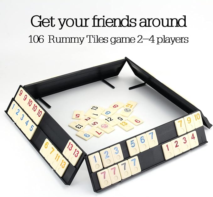 Rummy Tiles Game, Rummy Cube Travel Game Set Outlasting Color with 4 Anti-Skid Rack & Convenient EVA Hard Case