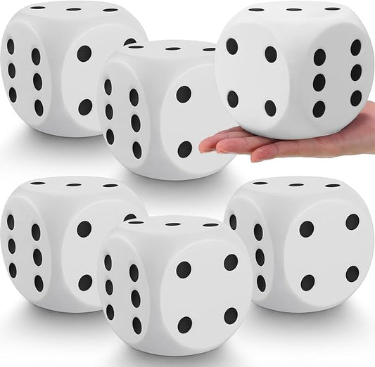 6 Pcs 4" Large Foam Dice Giant Cube with 6 Sided Number Dots Jumbo Soft Slow Big PU Foam Stress Ball for Party Game Math Learning Props Stress Relief Gifts(White)