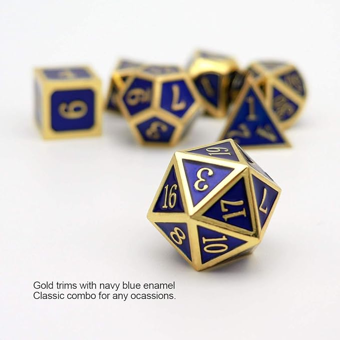 Haxtec Metal DND Dice Set 7 Die Gold Blue Metal D&D Dice for Dungeons and Dragons Games-Glossy Enamel Dice (Gold Blue)