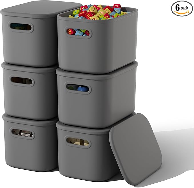 6 Pack Grey Storage Bins with Lids Stackable Storage Container for Organizing, Storage Boxes with Handle for Shelves, Cute Organizer Bins for Craft, Snacks, 9.85x6.9x5.7 inch