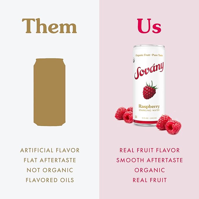 Sovány Sparkling Water, Raspberry, Seltzer Water Drinks, USDA Organic, Made With Real Fruit, Non-GMO, Vegan, No Added Sugar, Low Calorie, 12 fl oz, 12 Pack