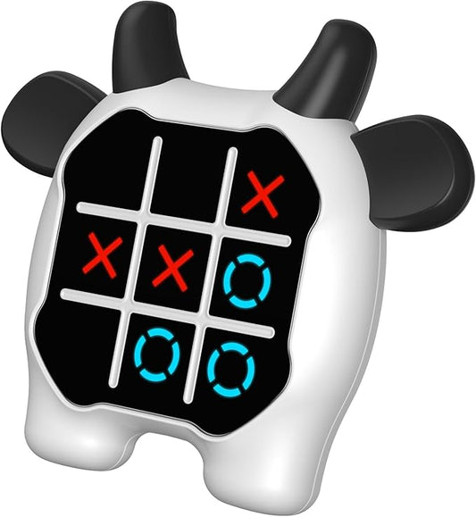 INKLAB Tic Tac Toe Game, Animal-Themed 3-in-1 Handheld Puzzle Game Console, Board Games for Kids and Adults, Portable Travel Games for Car Ride, Birthday Gifts for Ages 3+,Cow