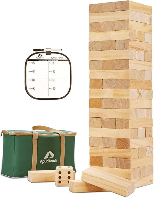 ApudArmis Giant Tumble Tower Stack to Over 5Ft, 60 PCS Pine Wooden Stacking Timber Game with 1 Dice Set - Classic Block Giant Outdoor Game (7.48 * 2.48 * 1.5 in Each Block)