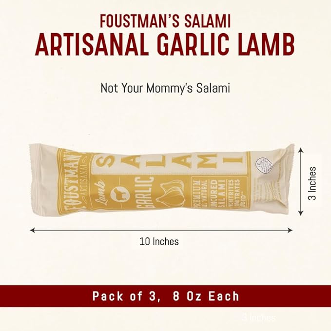 Foustman's Salami Garlic Lamb Artisanal, Nitrate-Free, Naturally Cured, Gluten-Free, Dairy-Free, No Pork, Pack of 3, 8 Oz Each