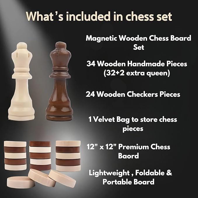 12" Folding Magnetic Wooden Chess Set – Travel-Friendly Portable Board Game with Staunton Pieces and Secure Storage Handcrafted Design for Home School and Outdoor Play Ages.