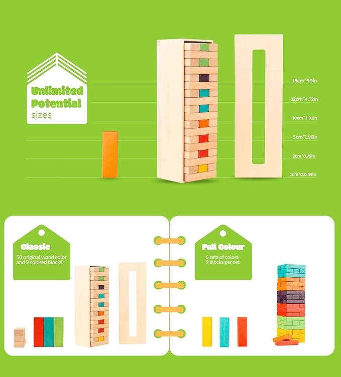 Tumble Tower Game – 54 pcs Wooden Blocks Stacking Game for Kids and Adults, Classic Family Board Game for Indoors Outdoors, Classic Size Timber Stacking Game Night Toy, Perfect for Party, Family Fun