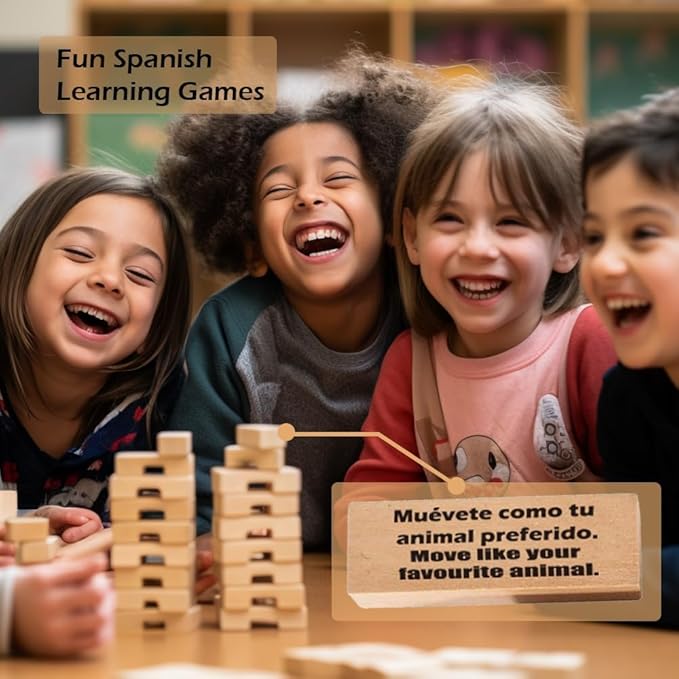 1step2dream Spanish Stacking Tower Game | Bilingual Block Game for Kids Adults | Perfect for Family, Classroom | 54 Hilarious Commands | Ideal Learning Board Game Gift