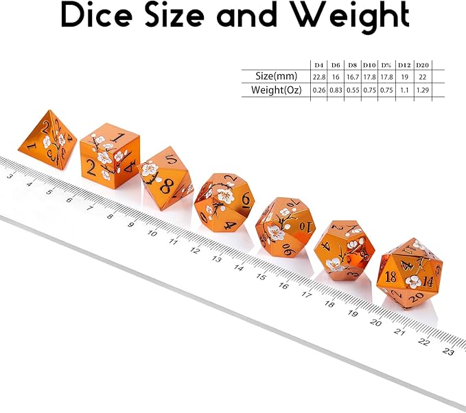 Orange Metal Dice D&D, DNDND 7 PCS Heavy Metallic DND Dice Set with Gorgeous Gift Case for Dungeons and Dragon Tabletop Game (Orange with White Flowers)