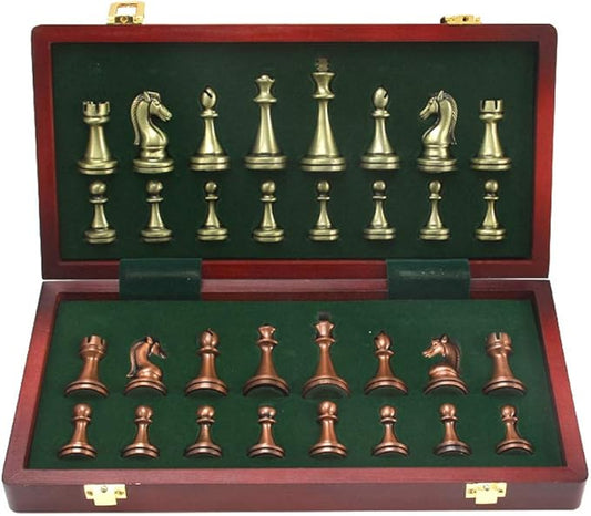 Large Metal Deluxe Chess Retro Copper Plated Alloy Chess Adult Set Board Game Portable Wooden Box Storage Folding, 2 Players Chess Set